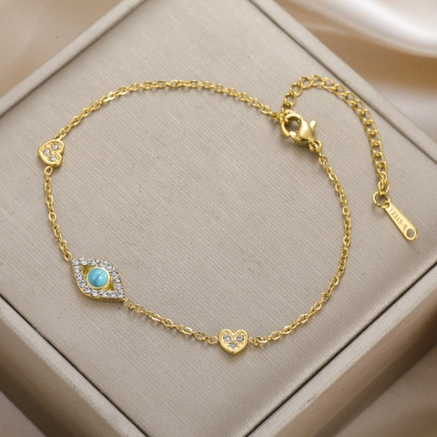 Bohemian Stainless Steel Evil Eye Bracelet Blue Zirconia Heart Charm Gold Silver Plated Chain Bracelet For Women Jewelry Gift