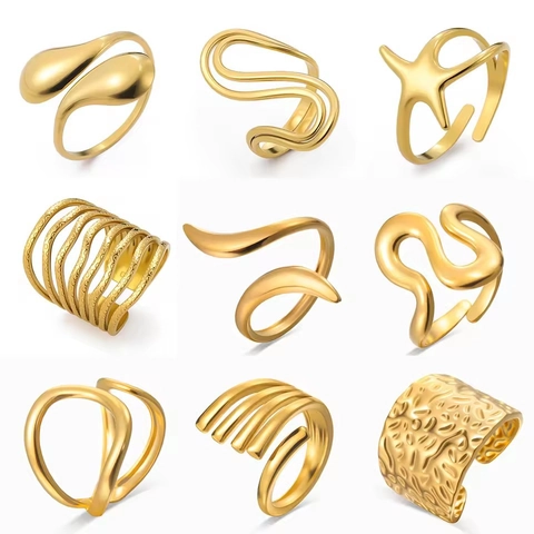 Minimalist Geometric Stainless Steel Open Ring 18K Gold Plated Liquid Metal Adjustable Statement Jewelry For Women