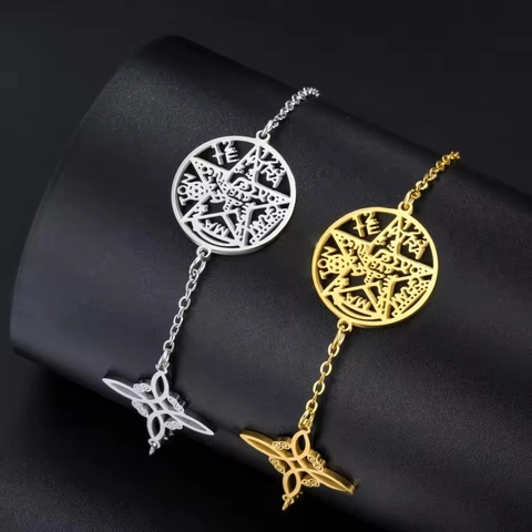 Vintage Stainless Steel Triple Protection Bracelet Virgin Mary Witch Knot Pentagram Adjustable Gold Silver Chain Cord Bracelet Men Women Jewelry Gift