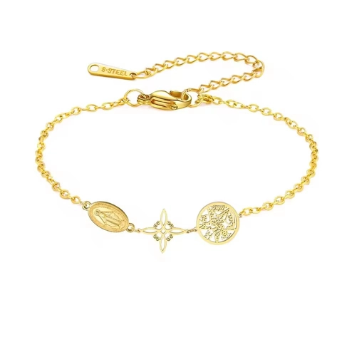 Vintage Stainless Steel Triple Protection Bracelet Virgin Mary Witch Knot Pentagram Adjustable Gold Silver Chain Cord Bracelet Men Women Jewelry Gift