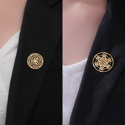 Broche de Acero Inoxidable 304 Hueco para Hombre Mujer Patrón Geométrico Cubo de Metatrón Pin de Insignia Joyería Regalo