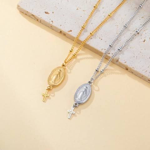 Stainless Steel Miraculous Medal Virgin Mary Oval Pendant Necklace 18K Gold Plated Religious Jewelry For Men Women Gift