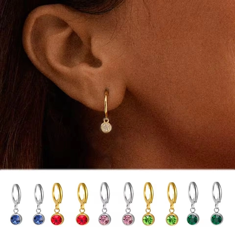 304 Stainless Steel 12 Months Birthstone Huggie Hoop Earrings For Women Minimalist Round Crystal Pendant Earring Jewelry
