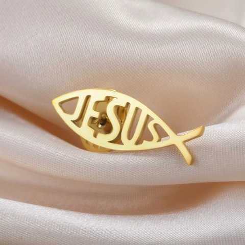 Broche Poisson Ichthys Jésus en Acier Inoxydable 304 Plaqué Or Avec Lettres Creuses Épingle de Revers Bijoux Chrétiens