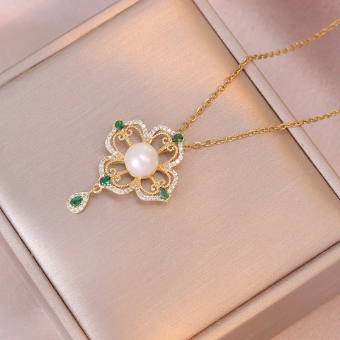 Französische Retro Edelstahl Süßwasserperlen Halskette Für Damen Vergoldet Emaille Muschel Zirkonia Blumen Anhänger Schlüsselbein Kette Schmuck