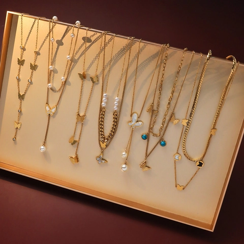 Leichter Luxus Edelstahl Schmetterling Anhänger Halskette Für Damen Mehrlagig Zirkonia Perlmutt Gold Silber Schlüsselbein Kette Schmuck