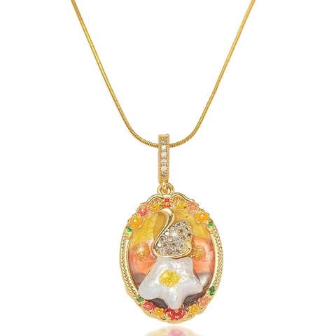 Franse Vintage Emaille Bloem Hanger Ketting Voor Vrouwen Titanium Staal Verguld Zoetwaterparel Zirkonia Sieraden Cadeau