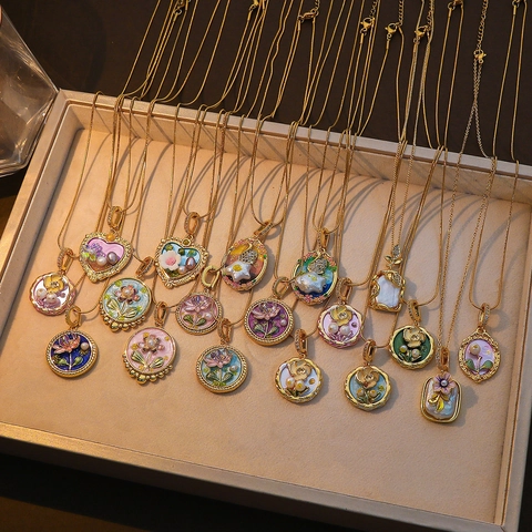 Franse Vintage Emaille Bloem Hanger Ketting Voor Vrouwen Titanium Staal Verguld Zoetwaterparel Zirkonia Sieraden Cadeau