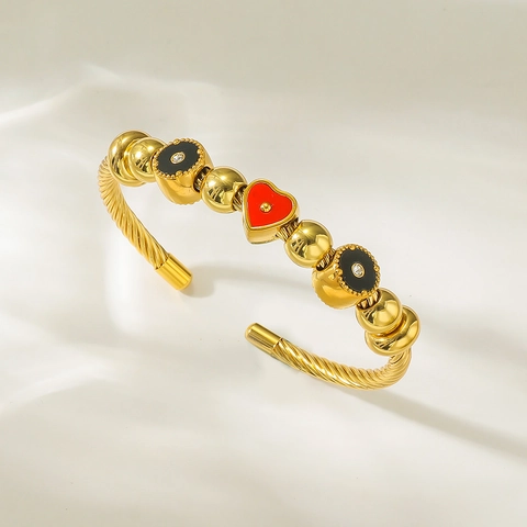 Mode Edelstahl Offener Armreif Für Damen Vergoldet Gedrehtes Seil Armband Mit Emaille Herz Blumen Anhänger Trendiger Schmuck