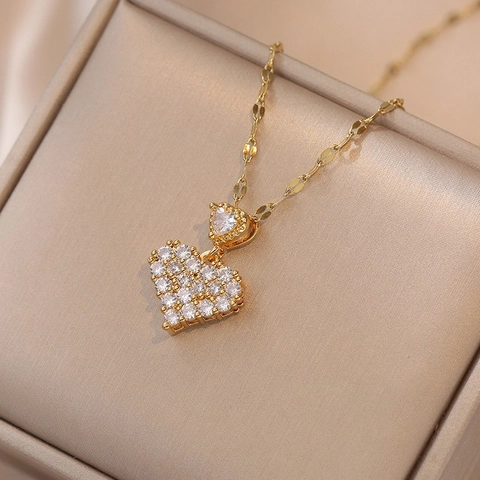 Leichter Luxus Titanstahl Zirkonia Halskette Schleife Herz Mond Anhänger Schlüsselbeinkette Vergoldet Damen Schmuck