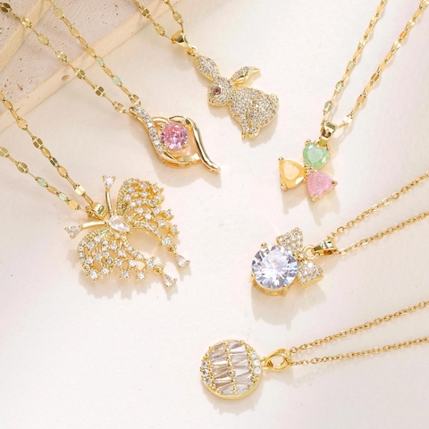 Fashion Stainless Steel Chain Zirconia Pendant Necklace Clover Rabbit Butterfly Heart For Women Gold Silver Jewelry