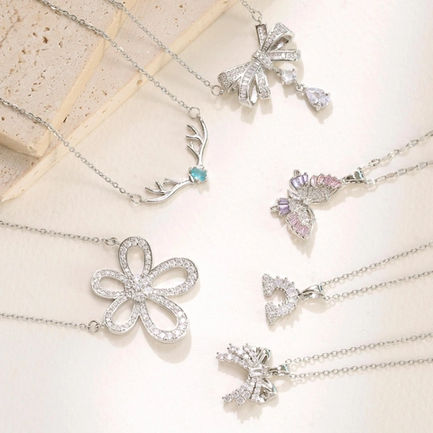 Fashion Stainless Steel Zirconia Pendant Necklace For Women Bowknot Antler Flower Rainbow Cloud Charming Jewelry Gift