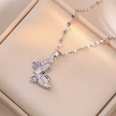 Fashion Stainless Steel Zirconia Pendant Necklace For Women Bowknot Antler Flower Rainbow Cloud Charming Jewelry Gift