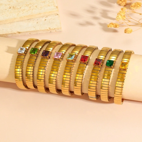 Fashion Stainless Steel Zirconia Stretch Bangle For Women Luxury Gold Plated Emerald Cut Colorful Zircon Elastic Bracelet Trendy Jewelry