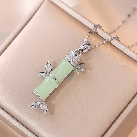 Titanium Steel Bamboo Pendant Necklace For Women Zirconia Rabbit Bunny Charm Gold Silver Link Chain Fashion Jewelry Gift
