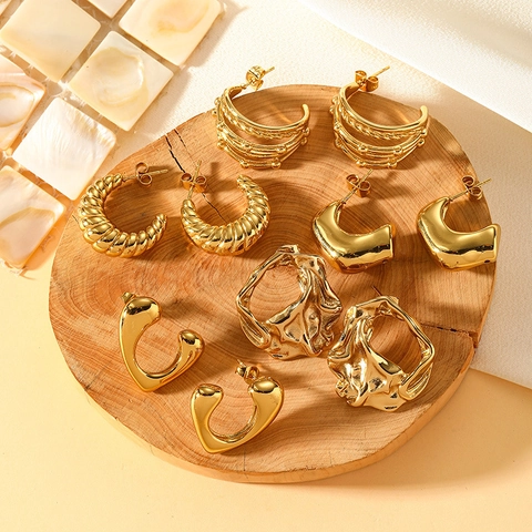 18K Gold Plated 316L Stainless Steel Earrings For Women Lava Geometric Irregular Pleated Croissant Multi Layer Hoops Studs Minimalist Jewelry