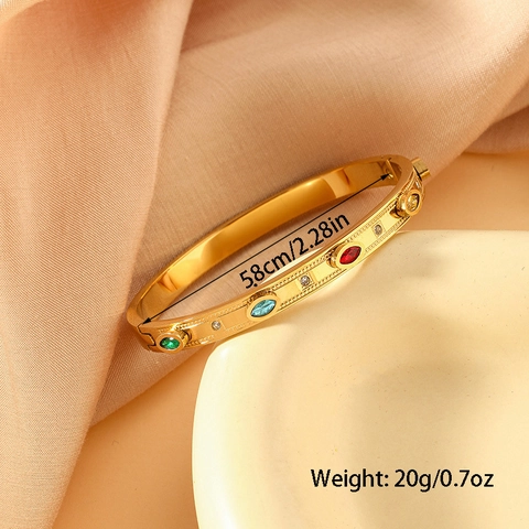 Vintage Stainless Steel Bangle For Women Luxury 18K Gold Plated Zirconia Marquise Green Colorful Stone Hinged Bracelet Jewelry