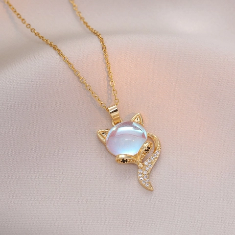 Fuchs Anhänger Halskette Titanstahl Mit Zirkonia Und Opal Eingelegt Elegante Mode Schmuck Geschenk Für Damen