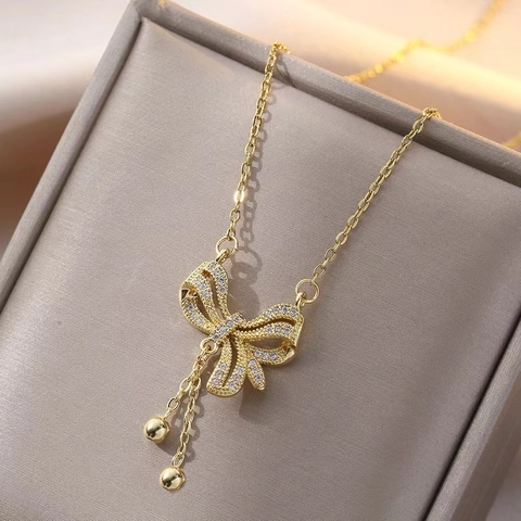 Zirconia Bow Pendant Necklace Stainless Steel Gold Plated Purple Faux Artificial Pearl Fashion Jewelry For Women Banquet Party Gift