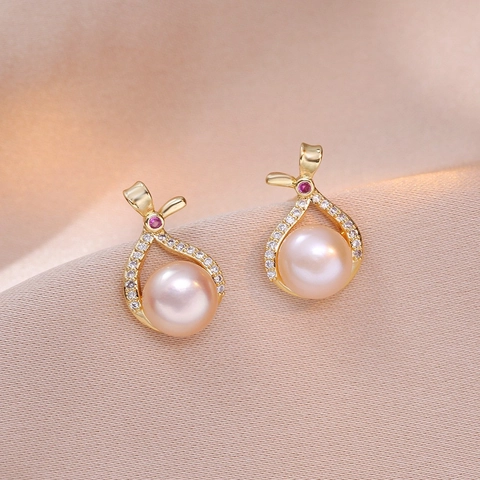 Rosa Süßwasserperlenohrringe Mit 925 Sterling Silber Ohrstecker Hohlband Schleife Tropfen Strass Koreanischen Stil Elegant Frauen