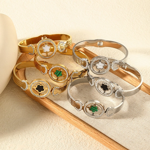 Fashion Stainless Steel Clover Bangle Bracelet With Rhinestones Gold Silver Plated Luxury Flower Open Bangle For Women Jewelry