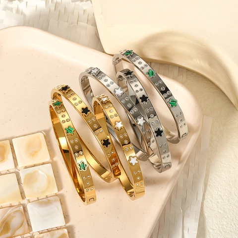Stainless Steel Bangle For Women Gold Silver Plated Zirconia Flower Star Inlaid Hinge Clasp Elegant Fashion Jewelry Gift