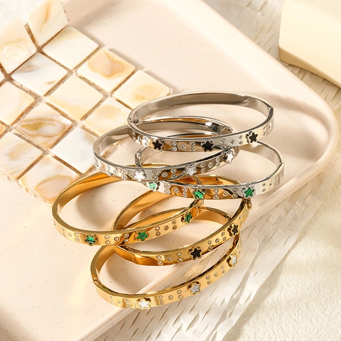Stainless Steel Bangle For Women Gold Silver Plated Zirconia Flower Star Inlaid Hinge Clasp Elegant Fashion Jewelry Gift