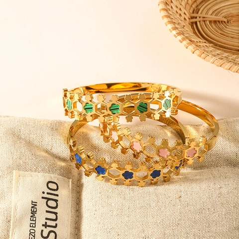 Retro Titanium Staal Hol Honingraat Bloem Armring Voor Dames Goud Zilver Verguld Geometrische Klaver Sieraden Armband