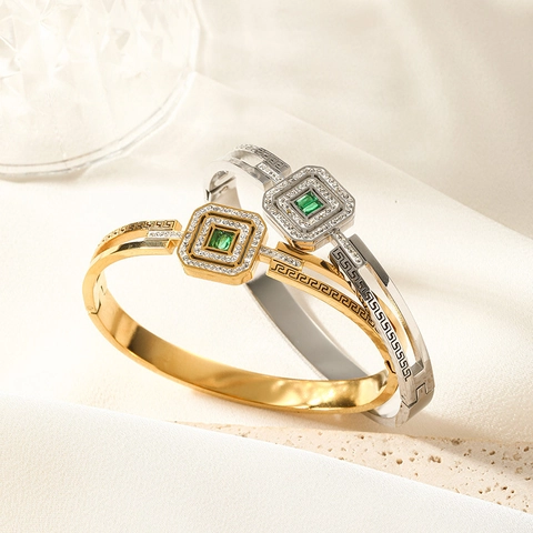 Vintage Stainless Steel Greek Key Bangle For Women Hollow Out Bracelet With Square Green Gemstone And Rhinestone Inlaid Jewelry
