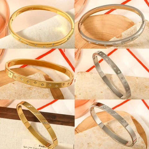 Fashion 18K Gold Plated Titanium Steel Bangle For Women Zirconia Star Pattern Starry Inlaid Stainless Steel Bracelet Jewelry Gift