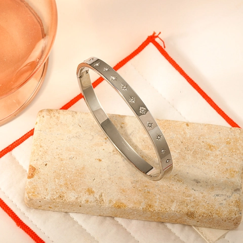 Classic Star Stainless Steel Bangle For Women Gold Silver Plated Zirconia Inlaid Open Bracelet Fashion Jewelry Gift