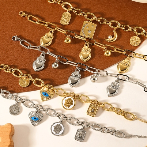 Bohemian Stainless Steel Charm Bracelet For Women Gold Silver Plated Heart Evil Eye Hamsa Star Moon Pendant Jewelry Gift