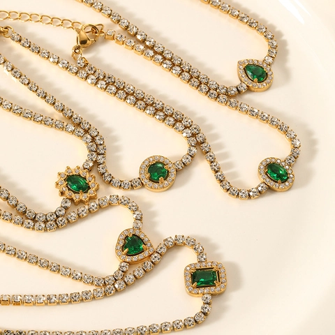 Fashion Titanium Steel Green Emerald Zircon Bracelet For Women Gold Plated Heart Teardrop Oval Tennis Chain Jewelry