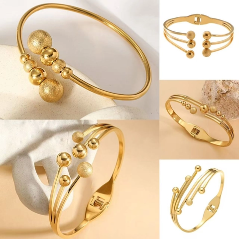 Stainless Steel Gold Plated Open Bangle For Women Vintage Multi Layer Spring Bracelet With Polished Frosted Beads Jewelry Fashion Gift