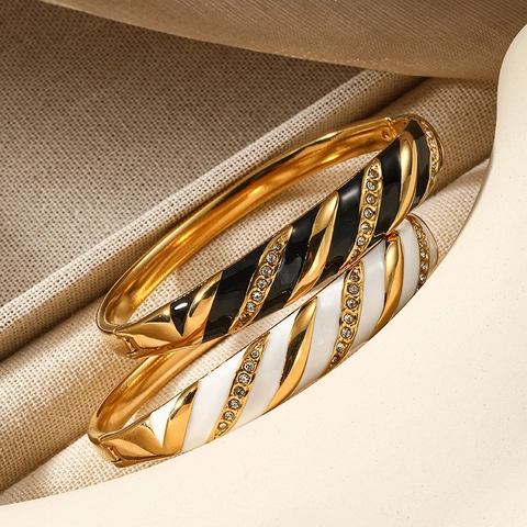 Lussuoso Bracciale Rigido in Acciaio Inossidabile per Donna Placcato Oro Smalto a Strisce Spirale Bracciale con Cerniera Gioielli
