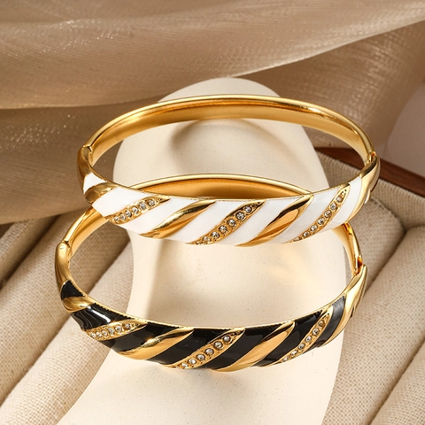 Lussuoso Bracciale Rigido in Acciaio Inossidabile per Donna Placcato Oro Smalto a Strisce Spirale Bracciale con Cerniera Gioielli