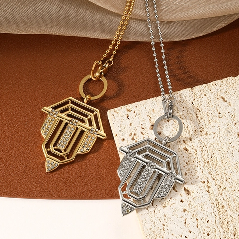 Vintage Turkish Style Stainless Steel Shield Pendant Necklace Full Rhinestone Micro Pave Ball Chain Luxury Women Jewelry