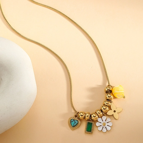 Gold Stainless Steel Multi Pendant Necklace For Women Turquoise Heart Green Gem White Daisy Enamel Flower Snake Chain Jewelry