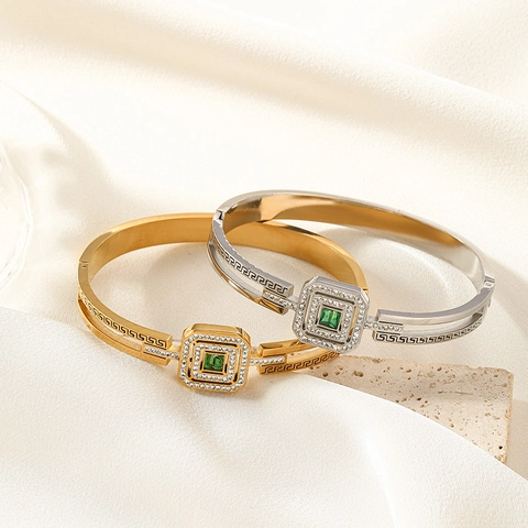 Vintage Stainless Steel Greek Key Bangle For Women Hollow Out Bracelet With Square Green Gemstone And Rhinestone Inlaid Jewelry