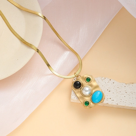 Vintage 316L Edelstahl 18K Vergoldet Schmuckset Rechteck Gehämmert Bunte Steine Kunstperle Halskette Ohrringe Ring