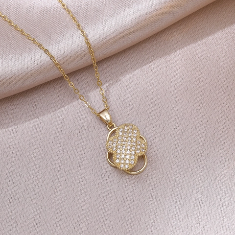Collana con Pendente a Forma di Fiore Trifoglio Rotante in Zircone Acciaio al Titanio Placcato Oro per Donna Gioielli