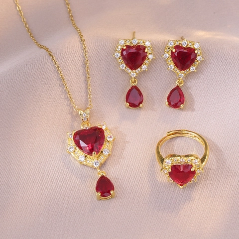 Vintage Red Zirconia Heart Jewelry Gold Plated Titanium Steel Necklace Earrings And Ring For Women Wedding Party Jewelry