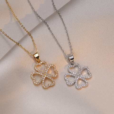 Elegant Titanium Steel Clover Heart Pendant Necklace With White Zircon Inlaid Fashion Jewelry For Women Everyday Wear