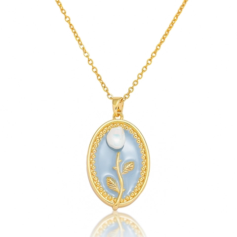 Vintage Oval Pendant Necklace Stainless Steel Gold Plated Tulip Flower Blue Enamel Faux Artificial Pearl Elegant Jewelry For Women