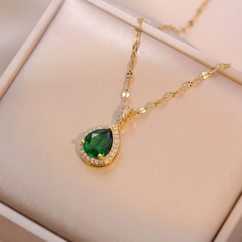 Fashion Stainless Steel Water Drop Pendant Necklace For Women Elegant Pear Shaped Zirconia Inlaid Gold Silver Jewelry For Party
