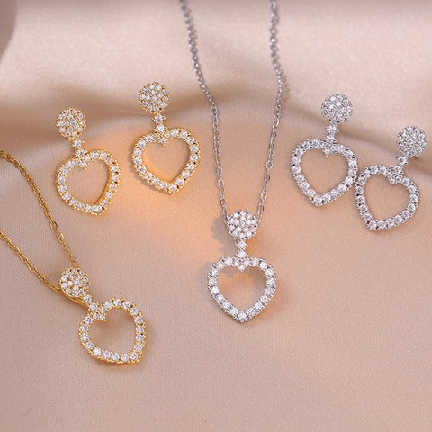 Titanium Steel Pave Rhinestone Heart Pendant Necklace Hollow Heart Earrings Elegant Jewelry For Women Party Wedding Decor