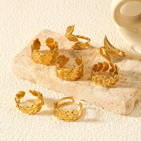18K Gold Plated Stainless Steel Adjustable Ring Hollow Leaf Floral Snake Geometric Design Vintage Jewelry For Women Men