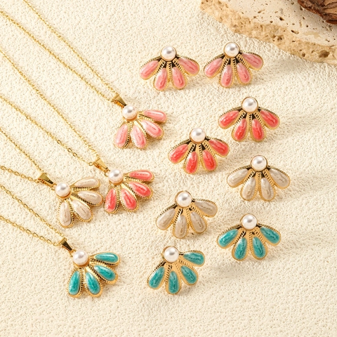 Fashion Titanium Steel Jewelry Necklace And Earrings Seashell Butterfly Flower Design Enamel Artificial Pearl Accessories For Women