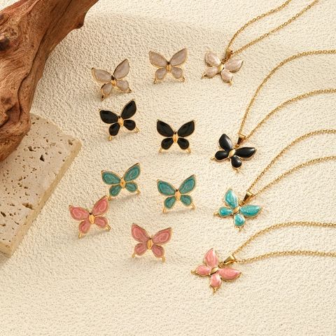 Titanium Steel Enamel Butterfly Heart Geometric Pendant Necklace And Earrings Jewelry Set For Women Gold Plated Daily Jewelry