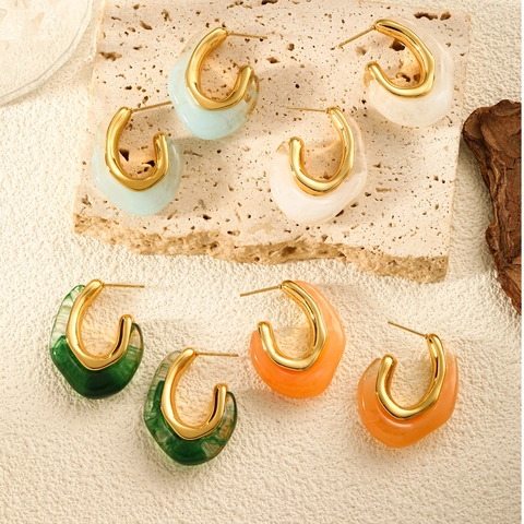 Vintage Marble Resin C-Shaped Earrings Alloy Titanium Steel Water Drop Flower Artificial Pearl Stud Earrings For Women Jewelry